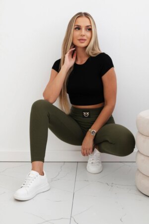 Khaki ribbed leggings with a high waist