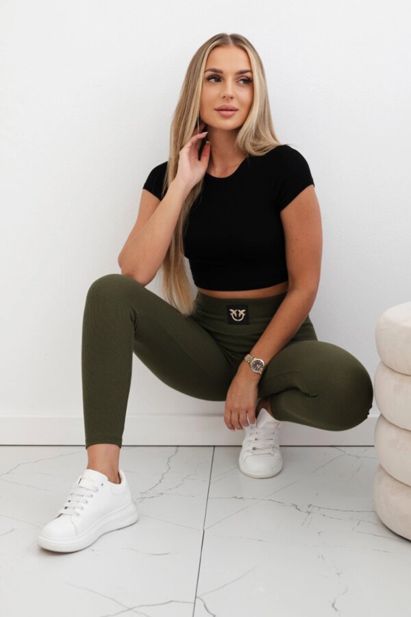 Khaki ribbed leggings with a high waist