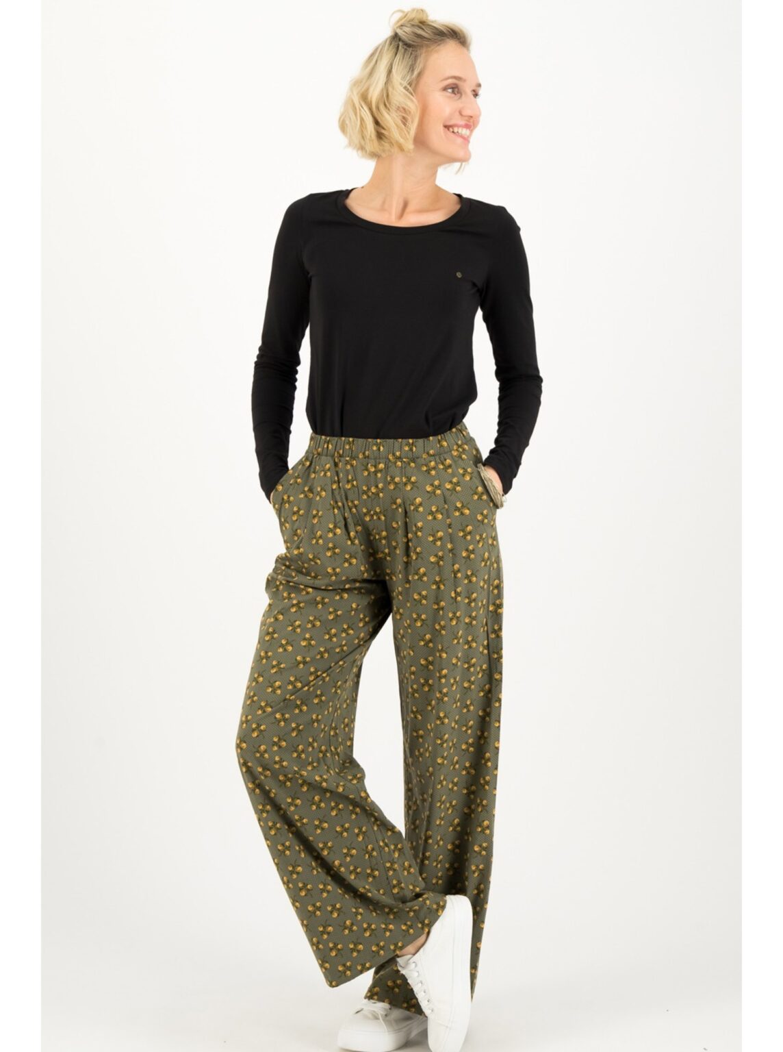 Khaki women's patterned wide trousers Blutsgeschwister Nut Of Mud - Women's