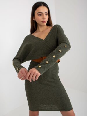 Khaki wrap ruha OCH BELLA bordázott kötött anyagból
