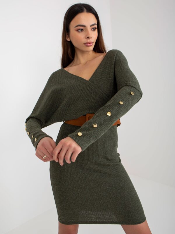 Khaki wrap ruha OCH BELLA bordázott kötött anyagból