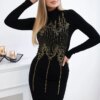 Knitted dress with a gold pattern of black cubic zirconia