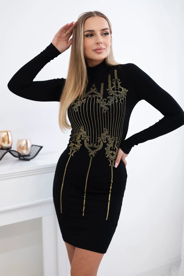 Knitted dress with a gold pattern of black cubic zirconia