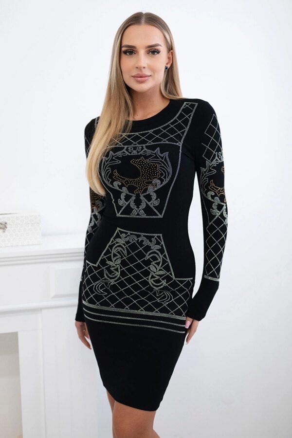 Knitted dress with gold and silver pattern of black cubic zirconia