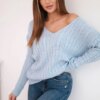 Knitted sweater with V-neck in azure color