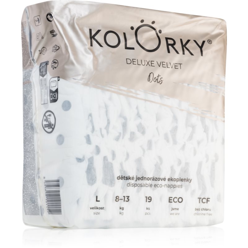 Kolorky Deluxe Velvet Dots eldobható ÖKO pelenkák L méret 8-13 kg 19 db-Ár