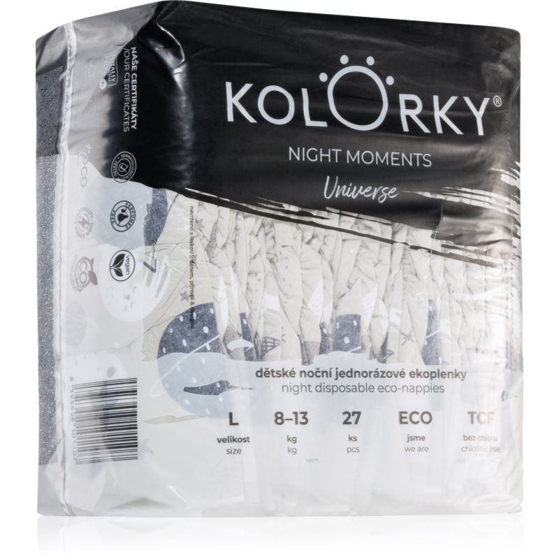 Kolorky Night Moments eldobható ÖKO pelenkák az éjszakán át tartó teljeskörű védelemért L méret 8-13 kg 27 db-Ár