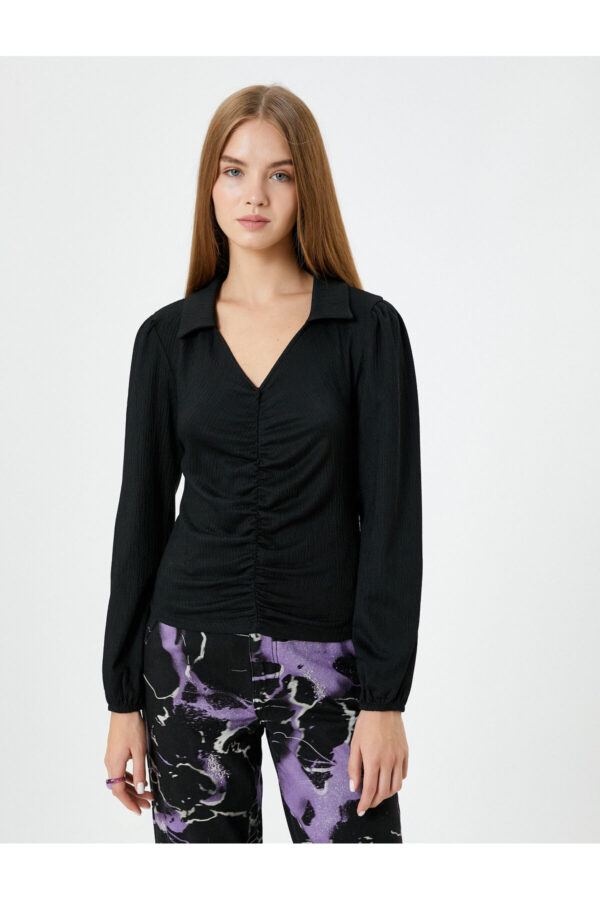 Koton Blouse with Draping Detailed Shirt Collar Long Sleeve