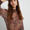 Koton Chiffon Blouse Leopard Patterned Draped Collar Balloon Sleeve