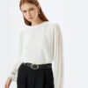 Koton Chiffon Blouse Round Neck Long Pleated Tulle Sleeves