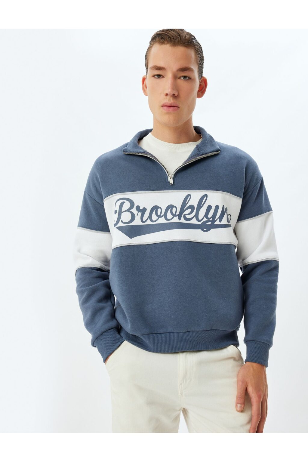 Koton College Printed Half Zipper Color Block Raised Cotton Blend Oversize Sweatshirt