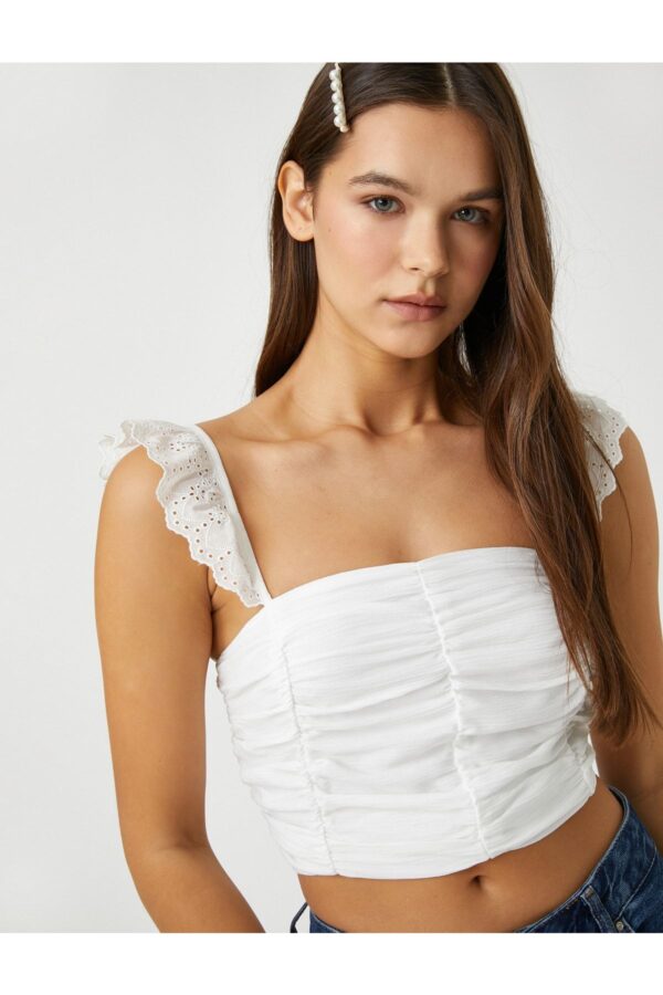 Koton Crop Top Scalloped Ruffle Strap Detail Gathered Square Neck