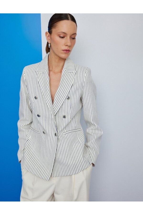 Koton Double Breasted Striped Blazer Jacket with Buttoned Pockets
