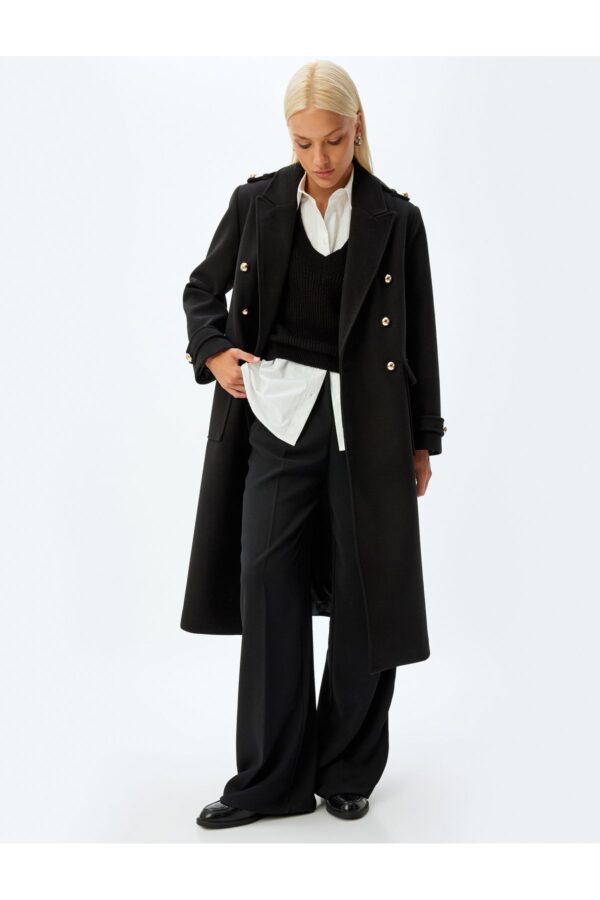 Koton Extra Long Cashmere Coat with Epaulette Detail and Buttoned Pockets
