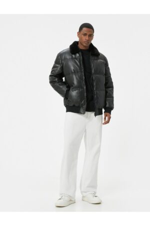 Koton Faux Leather Puffer Jacket with Fur Collar and Pocket