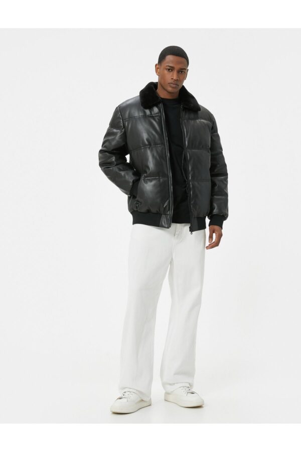 Koton Faux Leather Puffer Jacket with Fur Collar and Pocket