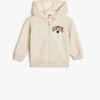 Koton Hooded Sweatshirt Zippered Slogan Printed Cotton Blend