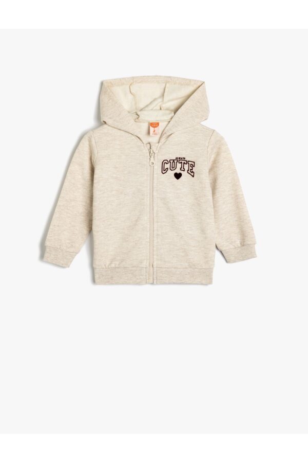 Koton Hooded Sweatshirt Zippered Slogan Printed Cotton Blend