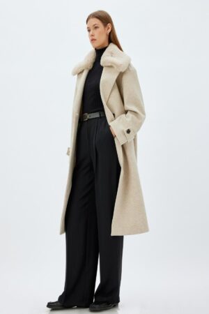 Koton Long Faux Für Cashmere Coat with Removable Collar and Pocket