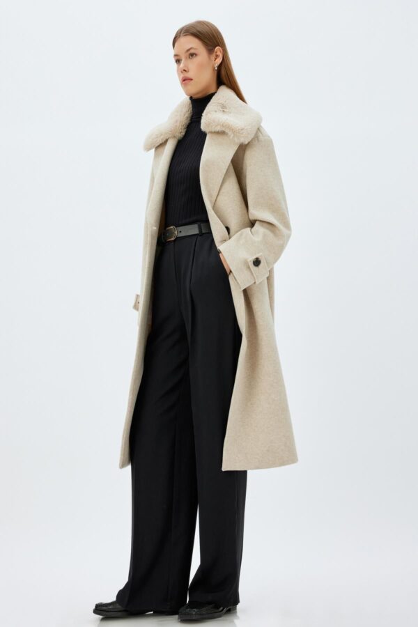 Koton Long Faux Für Cashmere Coat with Removable Collar and Pocket