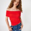 Koton Madonna Collar Off-The-Shoulder Draped Short Sleeve Slim Fit T-Shirt