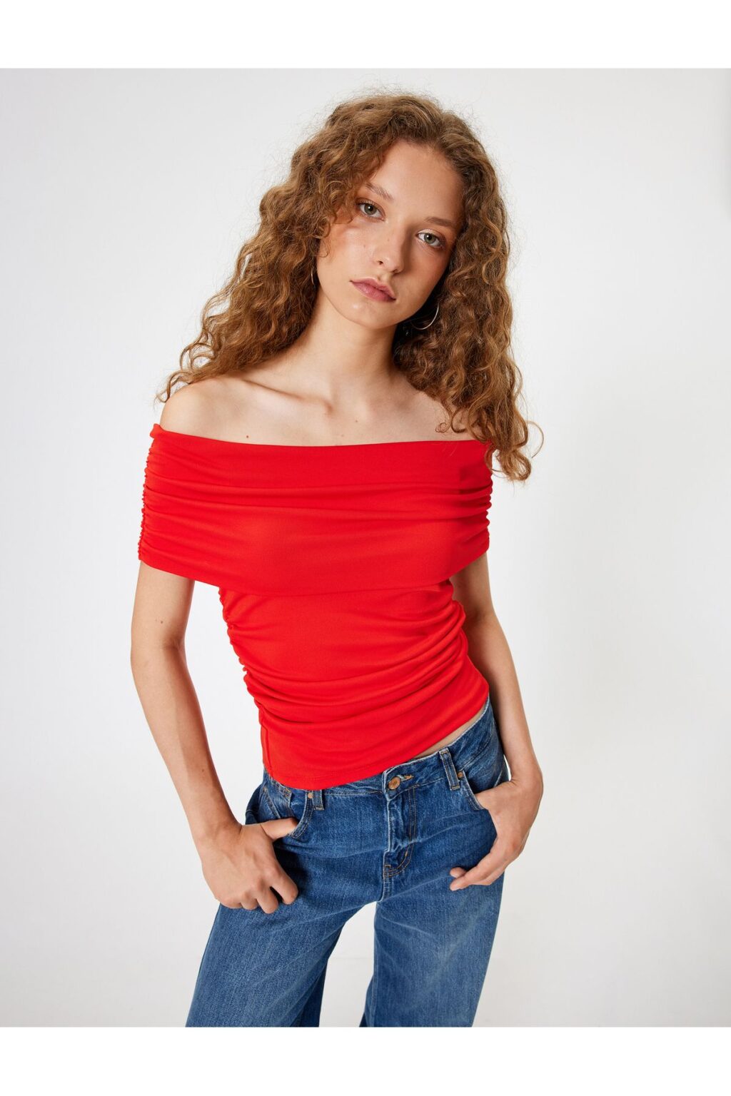 Koton Madonna Collar Off-The-Shoulder Draped Short Sleeve Slim Fit T-Shirt