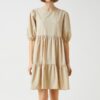 Koton Mini Poplin Dress Balloon Sleeve Flounce Crew Neck Cotton