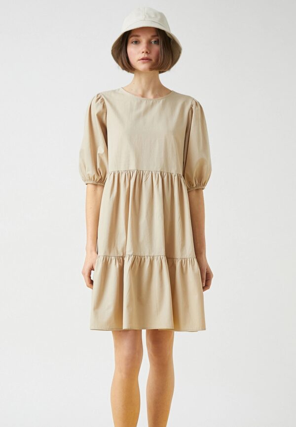Koton Mini Poplin Dress Balloon Sleeve Flounce Crew Neck Cotton