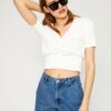 Koton Nők Ecru V Nyak Rövid ujjú Crop Tshirt