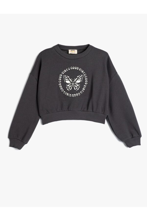 Koton Oversize Sweatshirt Butterfly Printed Long Sleeve Crew Neck Cotton Raised