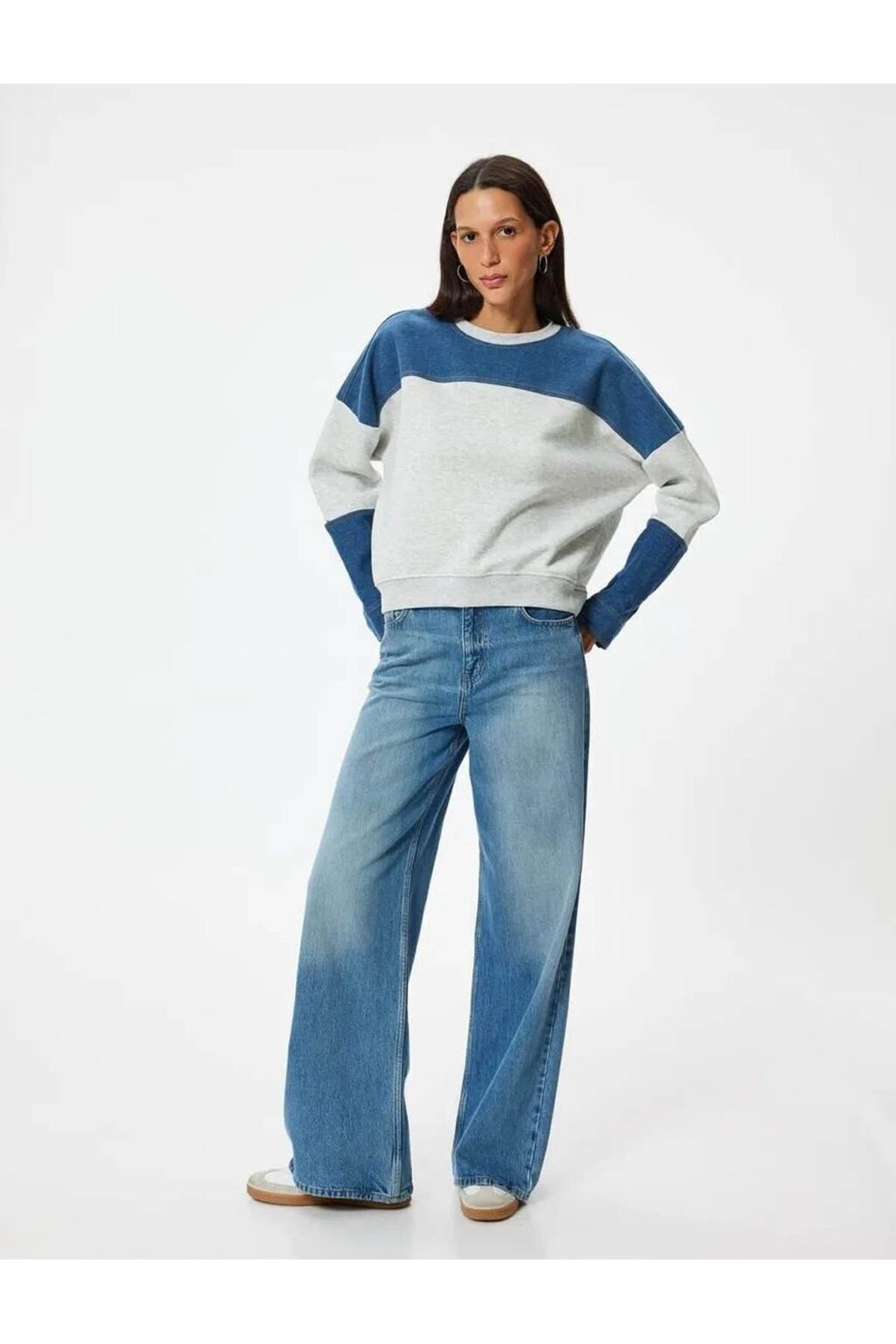 Koton Oversize Sweatshirt Color Block Crew Neck Zipper Detail Raised