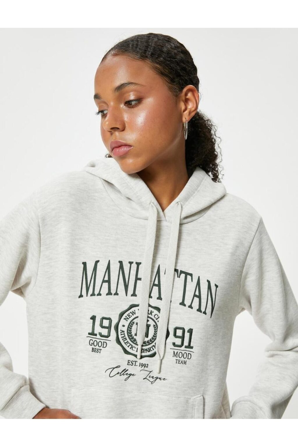 Koton Oversize Sweatshirt Hooded College Printed Kangaroo Pocket Ribbon