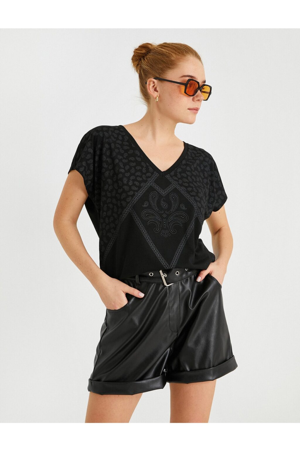 Koton Patterned T-Shirt V-Neck Short Sleeve