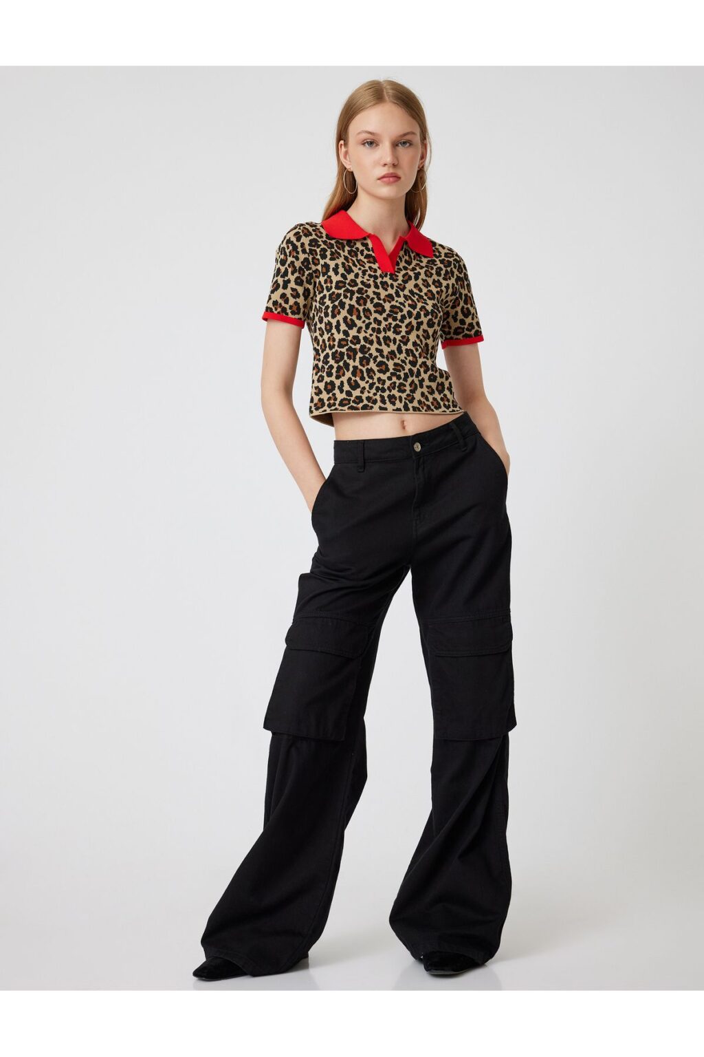 Koton Polo Neck Sweater Leopard Patterned Piping Short Sleeve