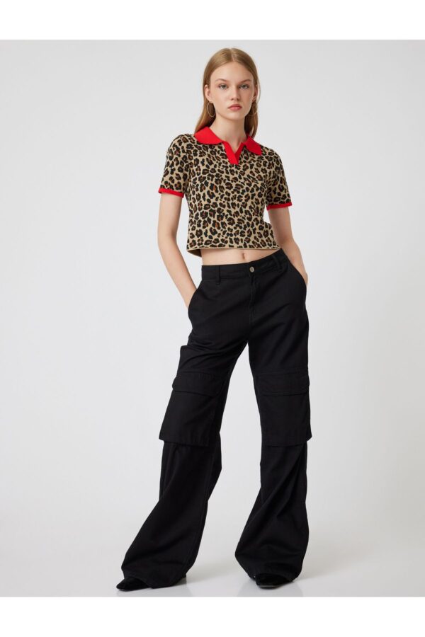 Koton Polo Neck Sweater Leopard Patterned Piping Short Sleeve