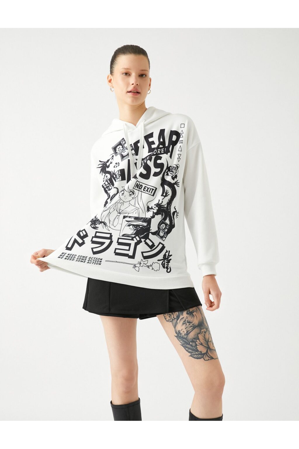 Koton Raised Oversize Anime Sweatshirt Hooded Back Printed