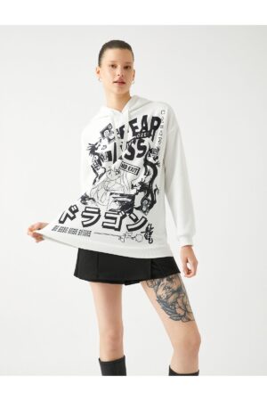 Koton Raised Oversize Anime Sweatshirt Hooded Back Printed