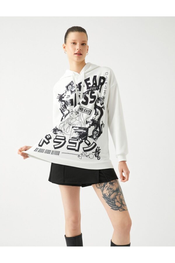 Koton Raised Oversize Anime Sweatshirt Hooded Back Printed