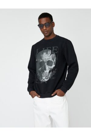 Koton Skull Printed Sweatshirt Raised Crew Neck