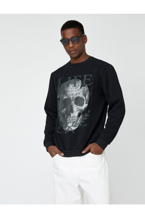 Koton Skull Printed Sweatshirt Raised Crew Neck