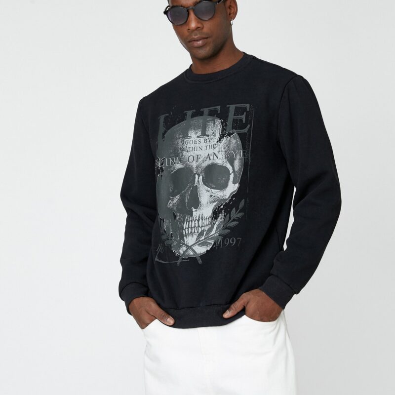 Koton Skull Printed Sweatshirt Raised Crew Neck