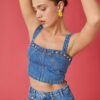 Koton Sleeveless Beaded Embroidered Denim Crop Top
