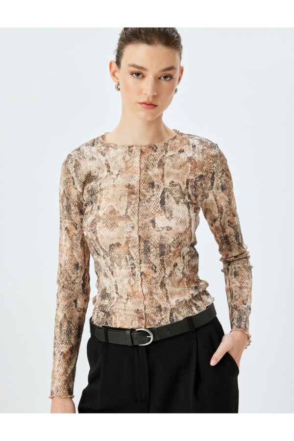 Koton Slim Fit Crew Neck Long Sleeve Snakeskin Printed T-Shirt