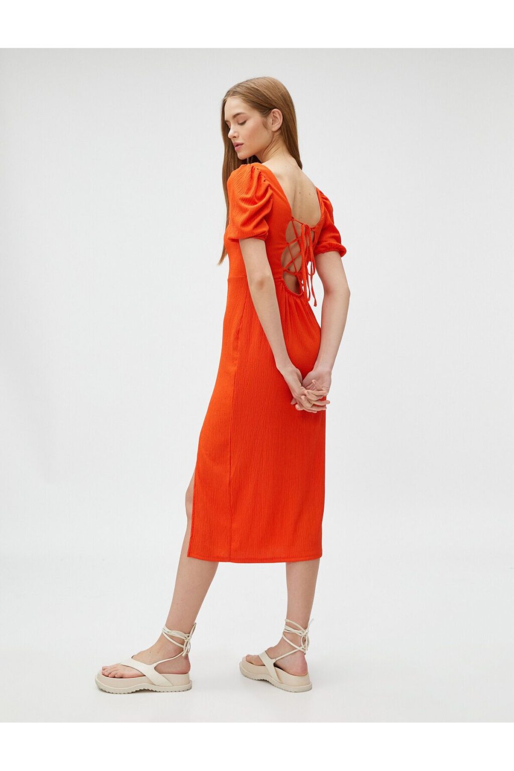 Koton Square Neckline léggömb ujjú hasított midi ruha