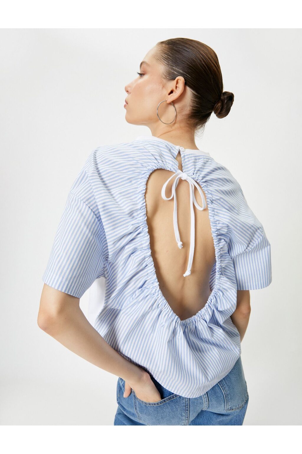 Koton Striped Short Sleeve T-Shirt with Window Detail on the Back