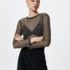 Koton Transparent T-Shirt Glitter Long Sleeve Crew Neck