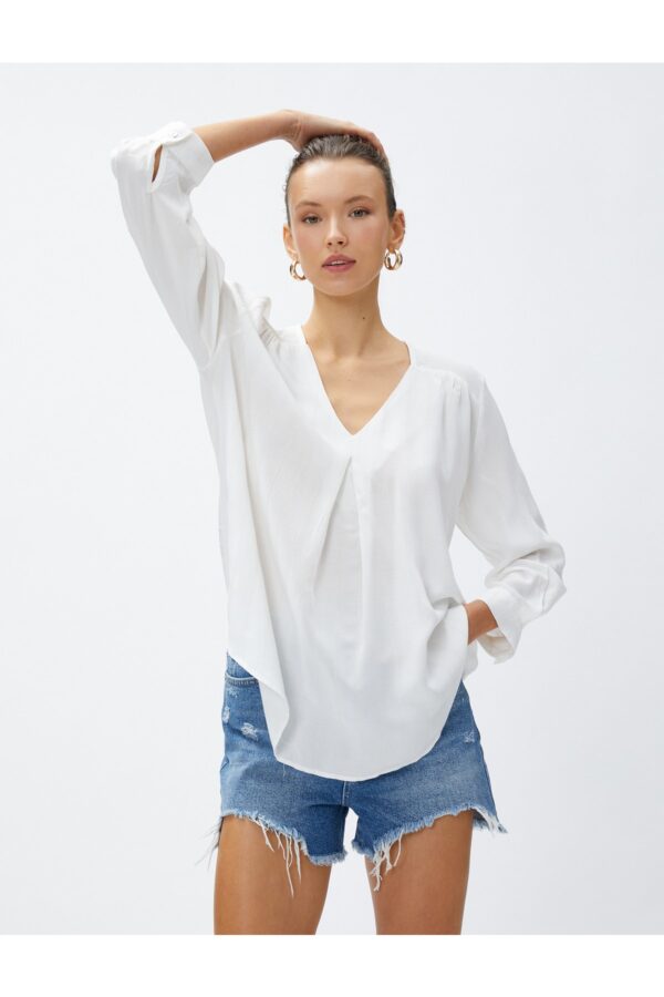 Koton V Neck Viscose Blouse Pleat Detailed