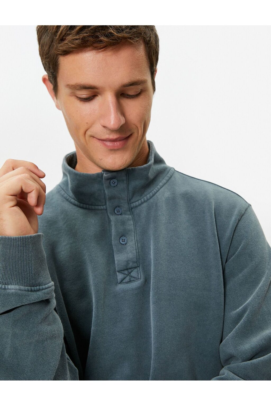 Koton Washable Sweatshirt Stand Collar Button Detail Cotton Shirting