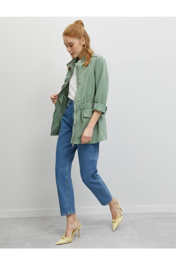 Koton Women's Gathered Waist High Neck Green Trench Coat