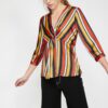 Koton Women's Orange V-Neck 3/4 Sleeve Striped Blouse